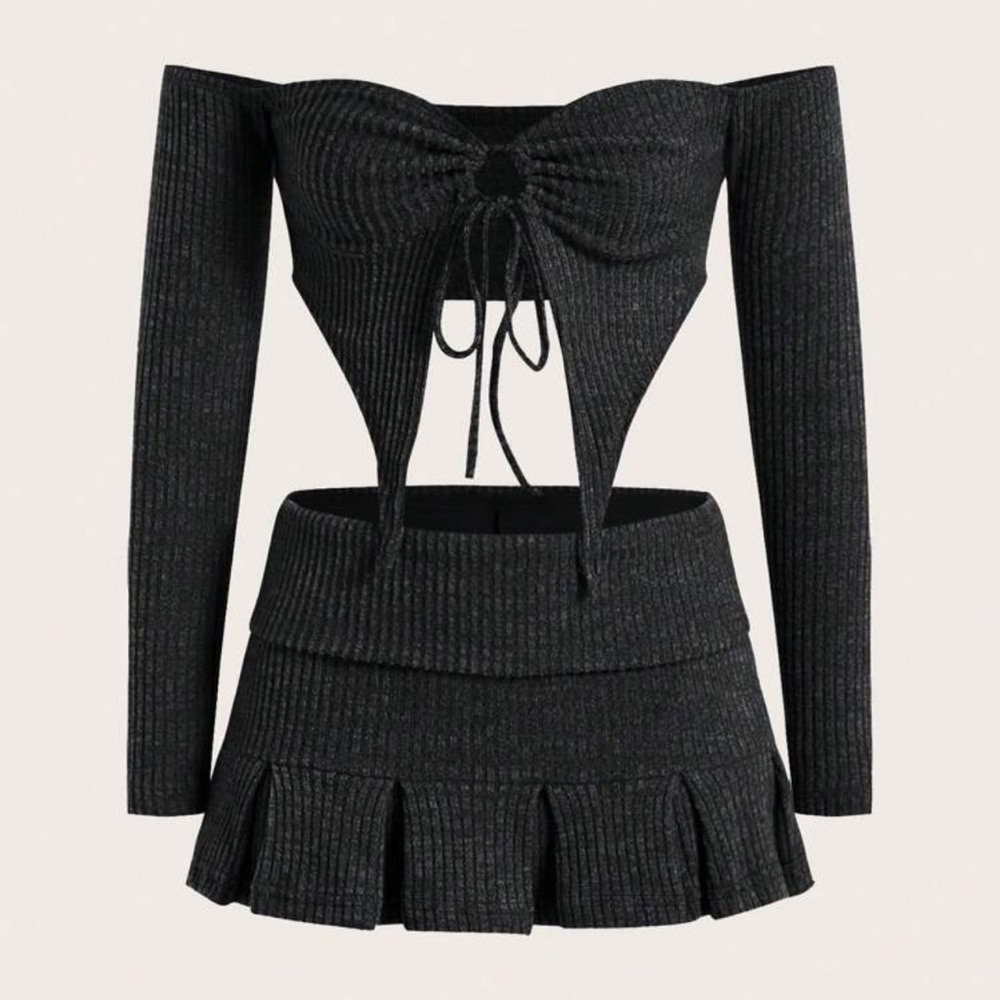 Elegant Black Ribbed Skirt Set